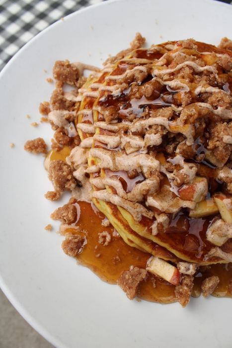 Apple crumb pancakes with cinnamon cream glaze