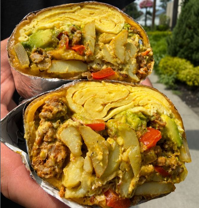 Breakfast burrito with chorizo, egg and avocado