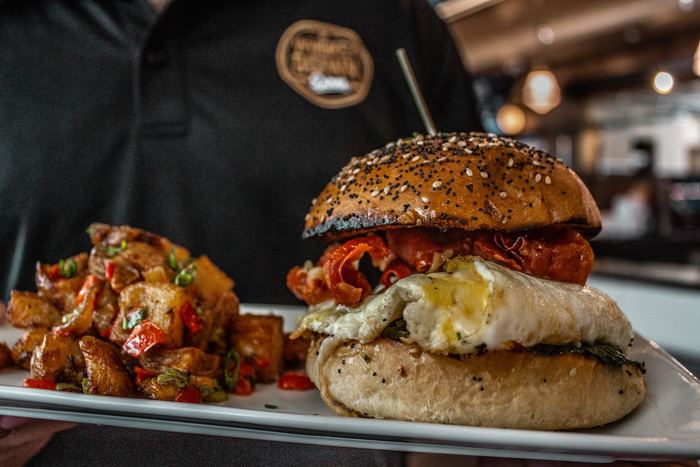 Burger and hash on a sharing platter