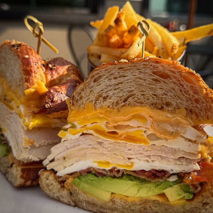 Egg sandwich on an everything pretzel croissant