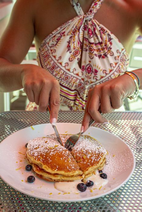 Lemon blueberry pancakes out on the patio