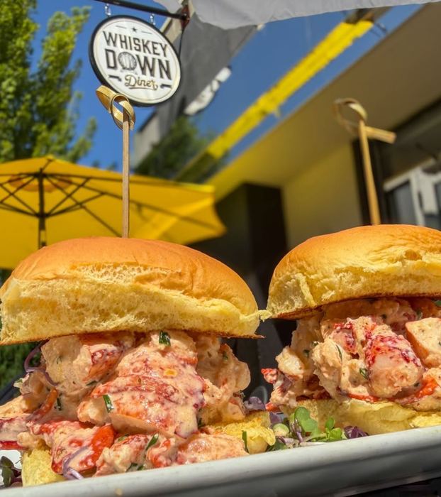 Lobster salad sliders on potato rolls
